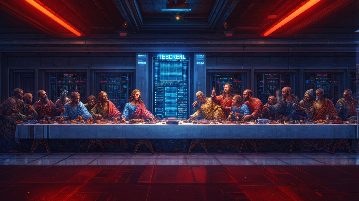 Cyberpunk-tolkning av Da Vincis Nattvarden, lärjungarna samlade kring en datormaskin i ett datacenter
